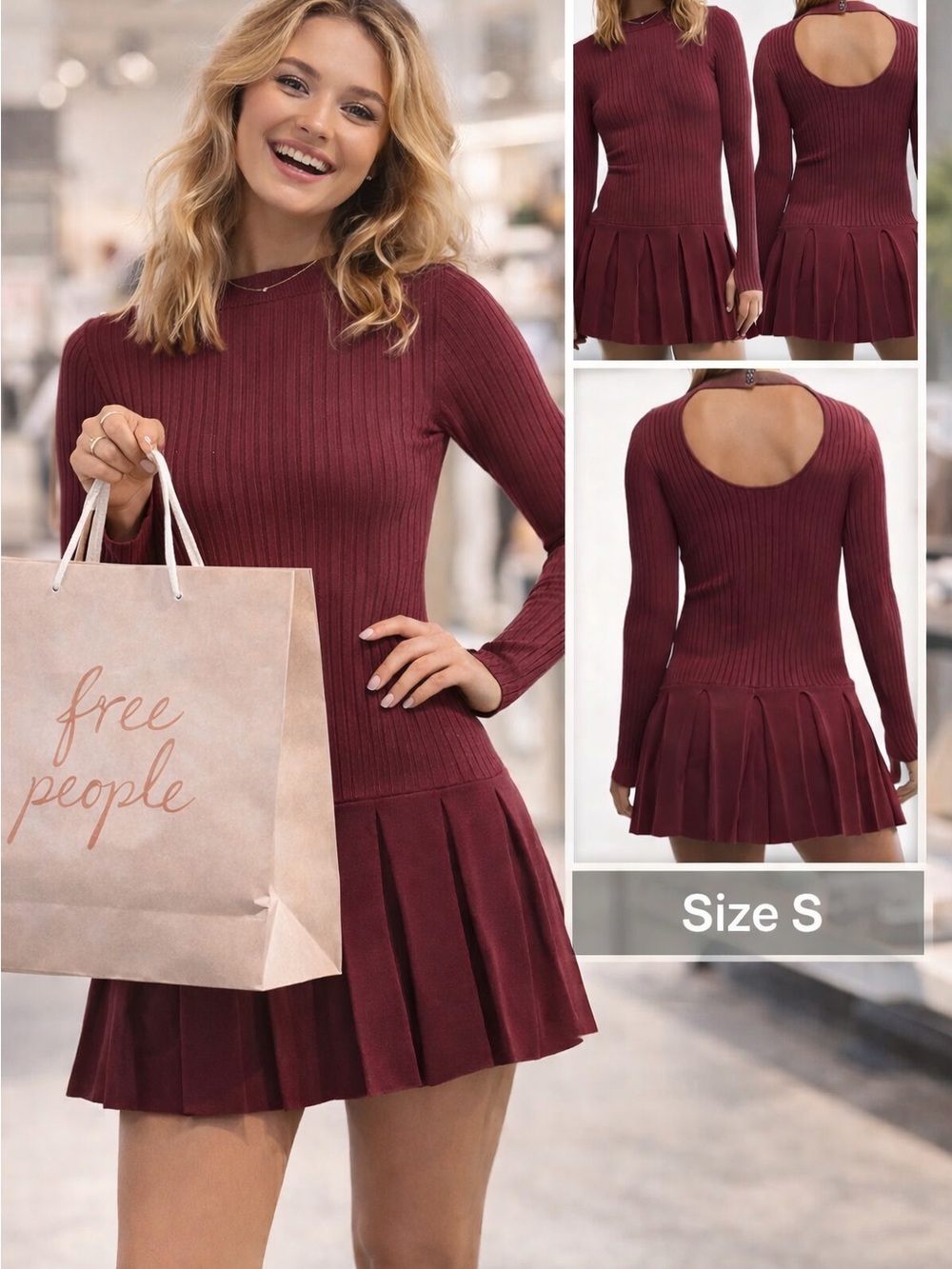 Free People Burgundy Ribbed Knit Pleated Mini Dress